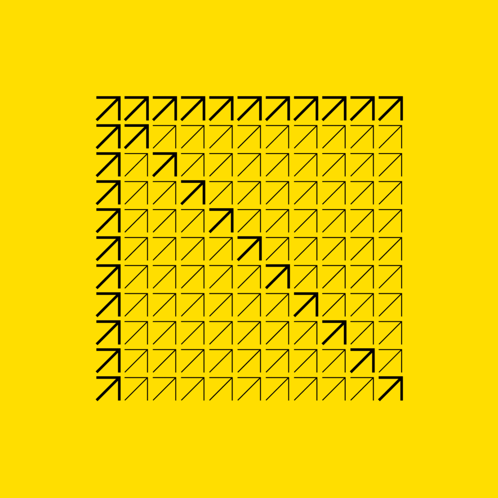 Small arrows representing a big arrow The image presents a large grid of black lines forming a pattern of arrows on a solid yellow background to represent a fork in the road concept.